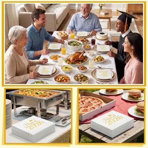 NatNarr Graduation Napkins Class of 2026, 6.5 Inch White and Gold Cocktail Napkins with Gold Foil Dots for College High School Grad Celebration view 5