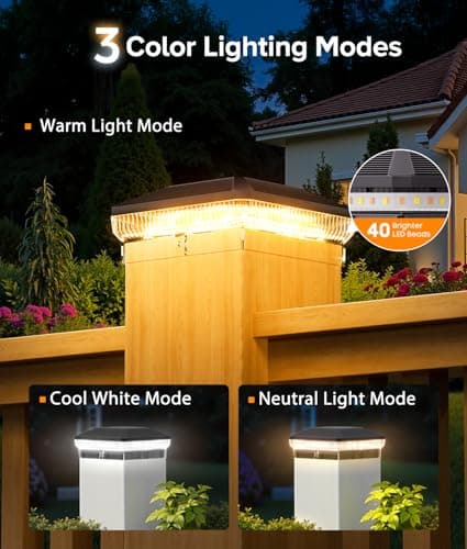 ENSLI 4x4 Solar Post Cap Lights Outdoor with 3 Modes, 6 Pack 40 LEDs Fence Post Solar Lights Outdoor Waterproof, 30 Lumens Fence Deck Post Lights Solar Powered for 4x4 3.5x3.5 Vinyl Wooden Post view 6