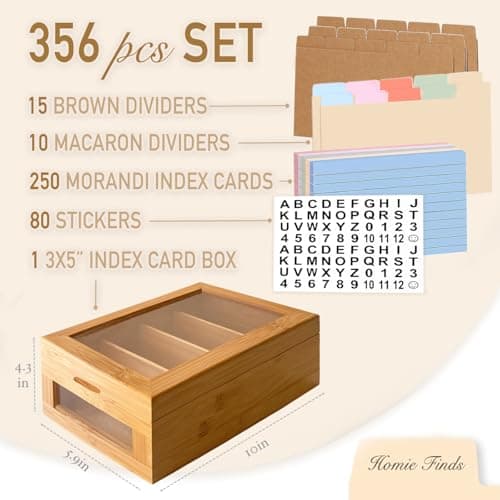 Homie Finds Bamboo Index Card Box Set - 3x5 Index Card Holder with Dividers and Morandi Cards - Wood Recipe Box with Lid (Holds 1200 Cards) view 2