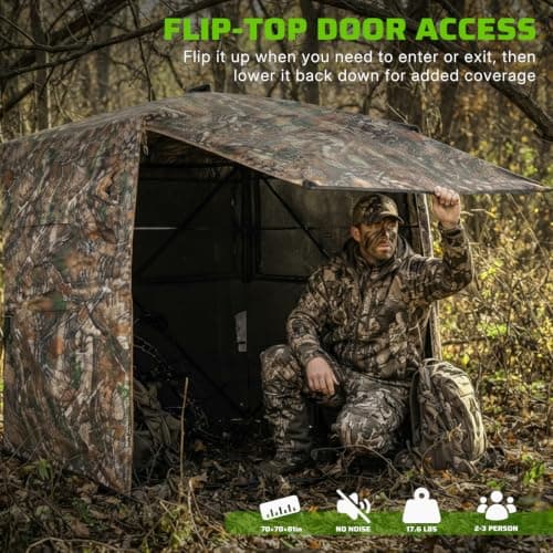 Hunting Blind 360° See Through, Pop Up Ground Blind, 3-4 Person Deer Blind | Deer & Turkey Hunting, Flip-Top Door, Silent Sliding Windows, Vertical Pull Cord, Bow & Rifle Hunting view 3