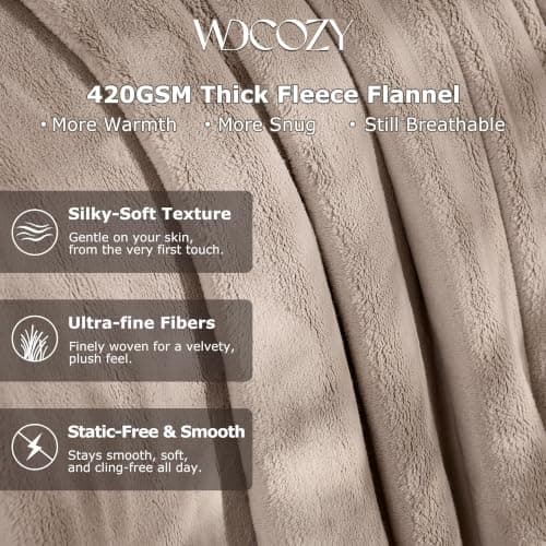 WDCOZY 420GSM Thick Flannel Fleece Throw Blanket, 50"x60", Beige | Suitable for 5-25°C (41-77°F), Ultra-soft Cozy Fluffy Flannel, Reversible & Breathable, All Season Use for Couch Sofa Bed. view 4