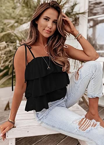 KIRUNDO Spaghetti Strap Ruffle Babydoll Peplum Tank Tops for Women 2026 Summer Cute Flowy Beach Vacation Cruise Outfits view 6
