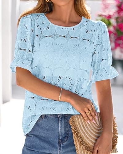 KIRUNDO Lace Tops for Women Blouses Dressy Casual Boho Eyelet Puff Short Sleeve Shirts Spring Summer Clothes Vacation Outfits view 5