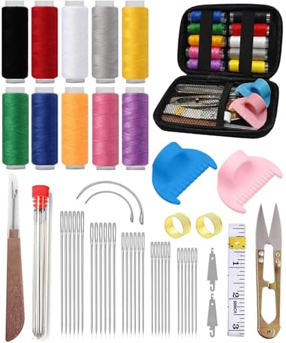48Pcs Sewing Tool Set with 2 Edge Stitch Lock & Sewing Gauge, Big Eye Steel Sewing Needle Kit with Portable Zipper Case, Threader and Needle Repair Kit Stainless Steel Needles for Hand Sewing — image 1