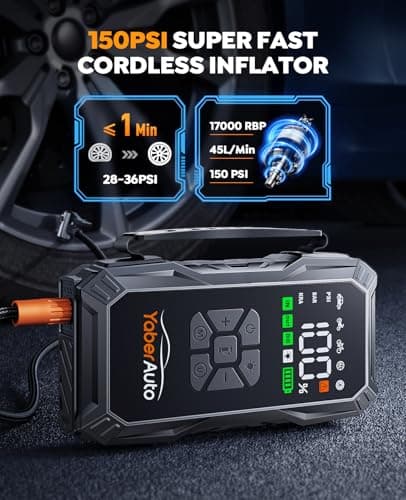 YaberAuto 10-in-1 Jump Starter with Air Compressor 6000A 150PSI Car Battery Jump Starter (All Gas/10L Diesel) 12V Jump Box Car Battery Jumper Starter Portable Jumper Cables, 150W DC, Gloves, Lights view 3