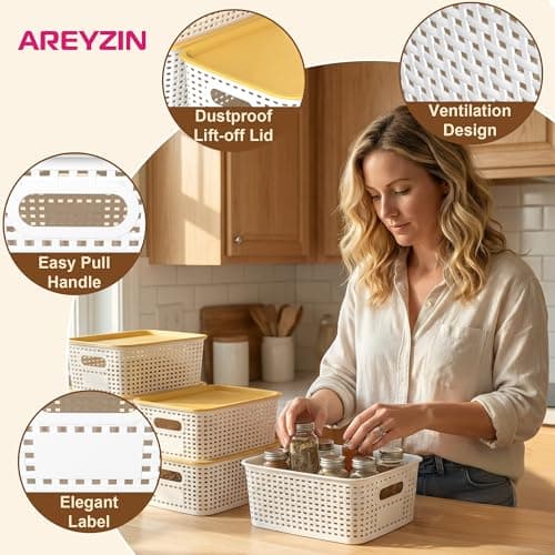 AREYZIN 6 Pack Plastic Storage Bins with Lid,Stackable Storage Bins and Storage Baskets for Shelves,Small Baskets for Organizing, Small Storage Bins,10.2x7.2x4.1 Inch, White view 3