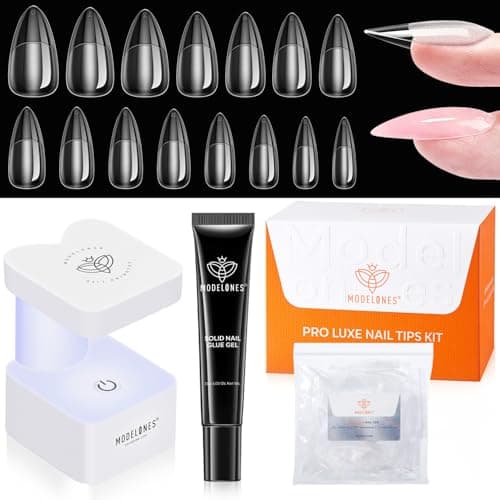 modelones X Nail Gel Kit Almond, 15Sizes Instant Apex False Nail Tips Solid Glue & Mini U/V Lamp, 240Pcs Medium Almond Pre-Building Thick Acrylic Press on Tips LED Light Extension Kit Women Gift view 1