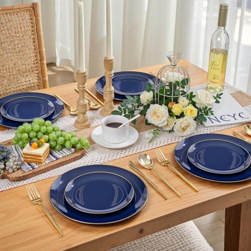 PULOTE 200 Pieces Blue Plastic Plates - Navy Blue and Gold Disposable - Include 100PCS 10 inch Dinner & 100PCS 7 inch Dessert Plate for Party & Graduation view 2