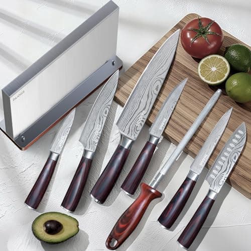 DAJOUJS 8-Pieces Kitchen Knife Set - High Carbon Stainless Steel Magnetic Knife Block Set with Sharpener Sharp Knives Set for Cooking with Ergonomic Handle view 2