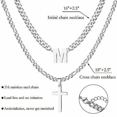 ZNBOH Cross Initial Necklace for Men Stainless Steel Silver Layered Cuban Figaro Link Chain Letter Christian Cross Pendant Initial A-Z Jewelry Gift for Husband Women view 4