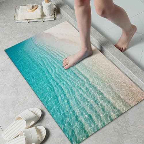 LYGLIGH Ultra Thin Bath Mat, Teal Bath Mat, 1/10 in Thin Bathroom Rugs Fit Under Door, Non-Slip Rubber Backing, Absorbent, Quick-Dry, Washable Funny Beach Decor for Shower and Tub, 35‘’X24'' — image 1