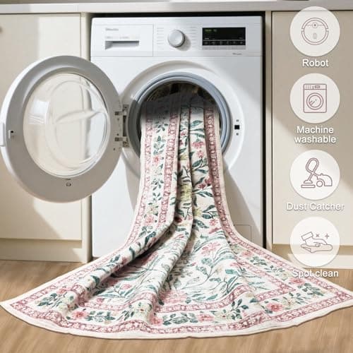 8x10 Area Rugs for Living Room: Floral Washable Rug Vintage Large Soft Boho Non-Slip Carpet Indoor Stain Resistant Low Pile Carpets for Bedroom Dining Room Farmhouse Nursery Home Office Pink Green view 5