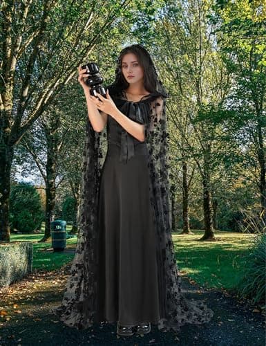 Black Lace Floral Tulle Cape with Hood, Long Halloween Witch Costume Cloak view 5