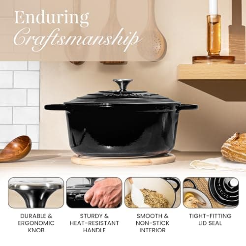 Nuovva Enamelled Cast Iron Dutch Oven Pot with Lid – 6.4 Quart Non Stick Casserole Pot – Heavy Duty & Oven Safe up to 500° F for Bread Baking, Braising, Stews, Roasting – 28cm Black view 6