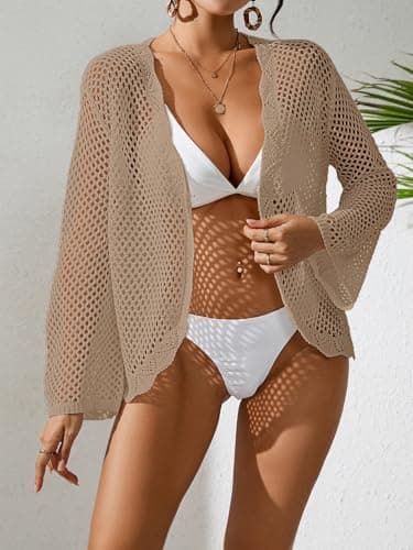 BreathSunny Womens Crochet Knit Loose Fit Beach Coverup Summer 2025 Open Front Ruffle Bathing Suit Cover Up Cropped Cardigan view 5