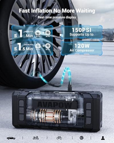 AVAPOW 10000A Jump Starter with Air Compressor, 12V Portable Jump Box | Starts All Gas & All Diesel, Built-in 150PSI Air Compressor, 30W PD Fast Charging, 4" HD Display, EVA Case view 6