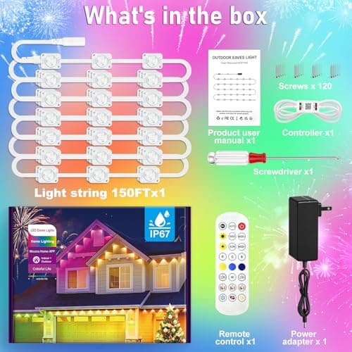 MUCCCUTE Permanent Outdoor Lights for Easter150ft RGB + IC Eaves Lights with App & Remote Control, Outdoor String LED IP67 Waterproof for Holidays New Year July 4th Roof Eaves House Garden Decor view 6