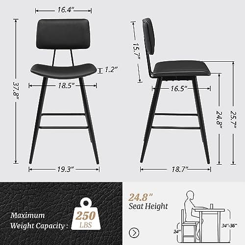 Cozyman 24.5" Counter Height Bar Stools Set of 4, Black Faux Leather Upholstered Barstools with Back Footrest and Metal Legs, Armless Bar Chairs for Kitchen Island/Dining Room/Bar/Basement view 2