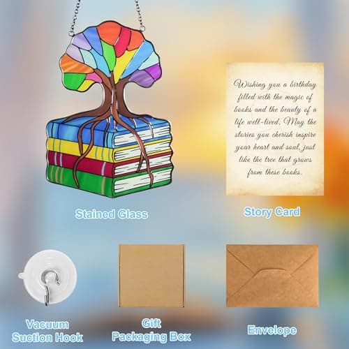 AQGQTQ Stained Glass Window Hanging, Colorful Book Tree of Life Sun Catchers, Book Lover Gifts for Women, Suncatcher Hanging Literary Decor for Birthday for Women, Men, Wife, Aunt, Mom view 6