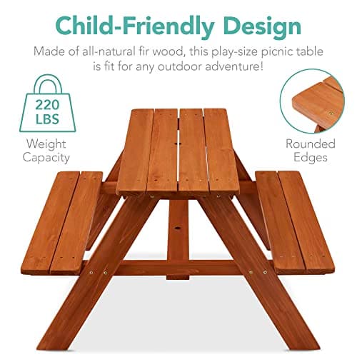 Best Choice Products Wooden Kids Picnic Table with Umbrella, Outdoor Activity Table Set with Built-in Benches, 220 lb Capacity per Bench - Golden Brown/Aqua view 5