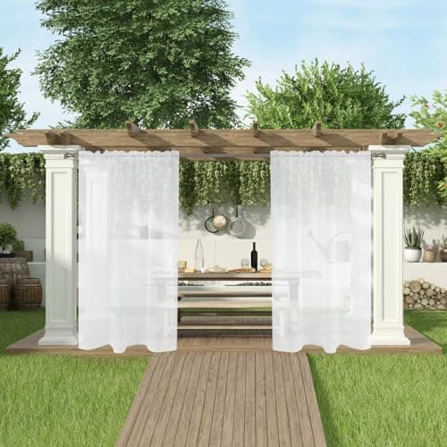 SpaceDresser Waterproof Outdoor Sheer Curtains for Patio - 4 Panels Rod Pocket Indoor Voile Sheer Curtain for Living Room,52W x 84L inch, White view 5