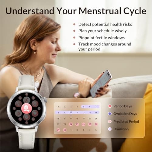 Smart Watch for Women, FANY See the Vibe 1.1'' AMOLED Ultra-clear Display with Aluminum Case & Leather Band, Fitness Tracker with Sleep/Heart Rate/SpO2/ Breathing/Step Monitor, 110+ Exercise Modes view 4