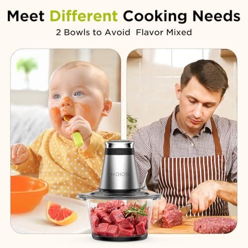 KOIOS Food Processor, 500W Electric Food Chopper with 2 Bowls (8 Cup+8 Cup) & 2 Bi-Level Blades&, Small Electric Grinder Meat Processor for Nuts, Meat, Onion, Garlic, Baby Food, Black view 5