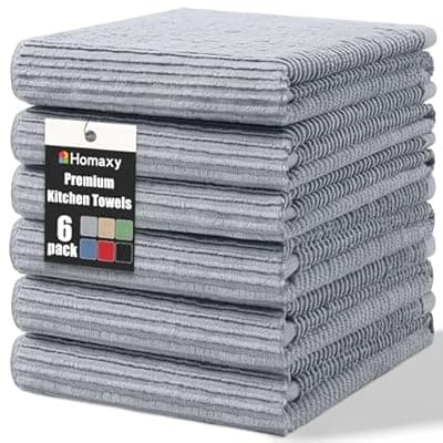 Homaxy Premium Kitchen Towels (18"x 28", 6 Pack), Large 100% Cotton Kitchen Hand Towels, Ultra Absorbent Ribbed Terry Tea Towels Set with Hanging Loop, Grey