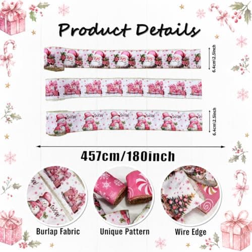 Pink Christmas Wired Edge Ribbon, 2.5 Inch 30 Yards, Santa Snowman Snowflake Patterns, Polyester, 6 Rolls for Wrapping, Bows, Wreaths (Pink&White) view 3