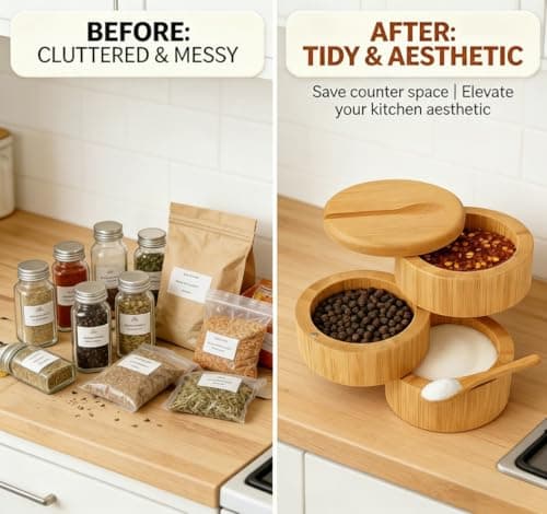 DegoCython 3-Layer Bamboo Salt Container with Magnetic Lid and Spoon, Large Capacity 10.5 Oz (Approx 287.7g) - Ideal for Celtic Sea Salt, Redmond Real & Pepper Storage view 4