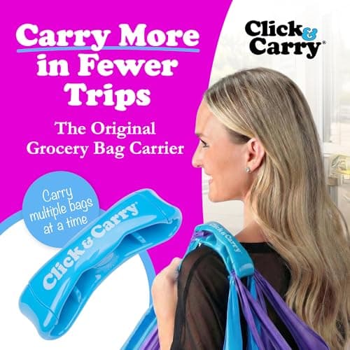 Click & Carry Grocery Bag Carrier Handle - Carry More in Fewer Trips, 100lb Capacity, Hands-Free, Gel-Padded Design, Shopping & Grocery Bag Holder - As Seen On Shark Tank, 2 Pack: 1 Blue & 1 Red view 5