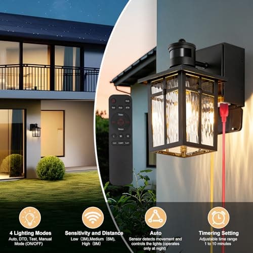 Porch Light with GFCI Outlet with Remote,Dusk to Dawn Motion Sensor Outdoor Light,Upgraded 4 Lighting Modes Black Front Door Light,Waterproof Outside Lights for House Patio Garage Entryway, 2 Pack view 2