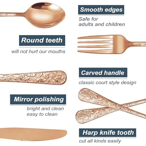 Runfly Vintage Carved Rose Gold/Copper Stainless Steel 20 Pieces Flatware Set, Silverware Set, Modern Embossed Cutlery Set Utensils Including Fork Spoon and Knife view 4