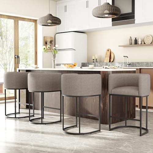 VATROS 26" H Counter Height Bar Stools Set of 3, Modern Barrel Counter Stools with Backrest and Arms, Linen Fabric Upholstered Accent Barstools for Kitchen Island,Support 450 LBS (Sand) view 6