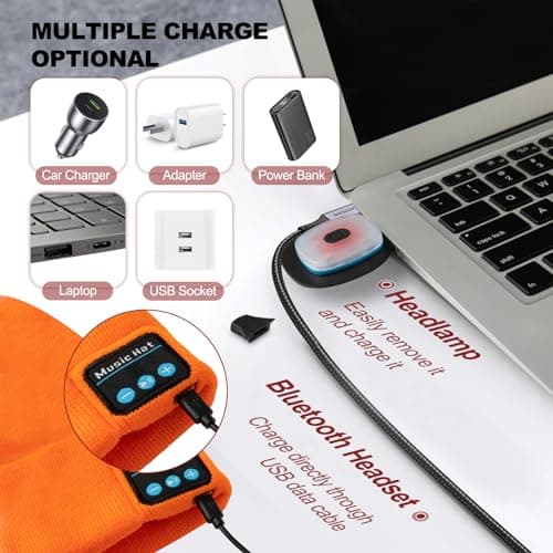 SYMNTEM Gifts for Men, Rechargeable Bluetooth Music Unisex Beanie Hat with Light, Valentines Day Gifts for Him, Birthday Gifts for Men, Women, Orange view 5