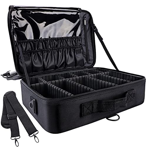 gzcz Large Capacity Travel Makeup Train Case,Professional Cosmetic Bags for Women,Portable Makeup Brush Bag Organizer Storage with Adjustable Dividers and Shoulder Strap
