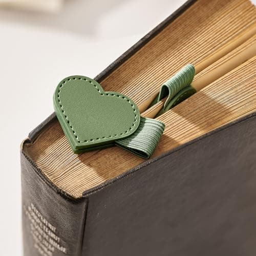 2Pcs Magnetic Leather Bookmarks with Gift Box Heart-Shaped Magnetic Pen Holder Book Marks Clip Gift for Book Lover Readers Cute Bookmark for Women, Green view 4