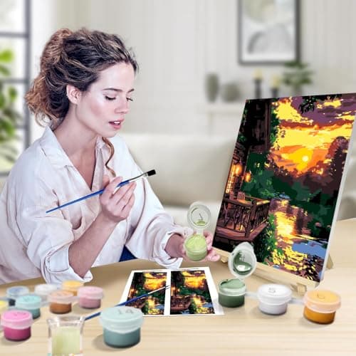 igoodom Framed Paint by Numbers Kit for Adults Beginner, Sunset House Easy Paint by Number Kits on Canvas with Easel, DIY Adults' Paint-by-Number Kits for Gift Home Wall Decor 8x12inch view 4