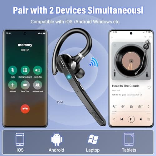 Bluetooth Headset, 90Hrs Bluetooth 5.3 Earpiece, APTX HD Audio, Mute Button | Single-Ear Headset with Dual Noise Cancelling Mics, Dual Device Connection, Hands Free Headphone for Trucker/Business/Grey view 5