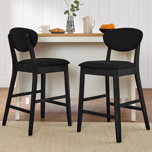 Best Choice Products Set of 2 Counter-Height Bar Stools, Mid-Century Modern, Armless Wood Stools W/Upholstered Seat Cushion & Backrest for Kitchen Island or Dining Room Bar - Black/Black view 2