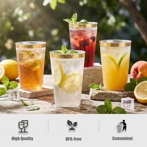 I00000 200 Pack Gold Plastic Cups, 10 OZ Clear Plastic Cups | Gold Rimmed Plastic Cups, Wine Glasses, Fancy Party Cups, Drinking Cocktail Glasses, Perfect for Party, Wedding, Reception view 5
