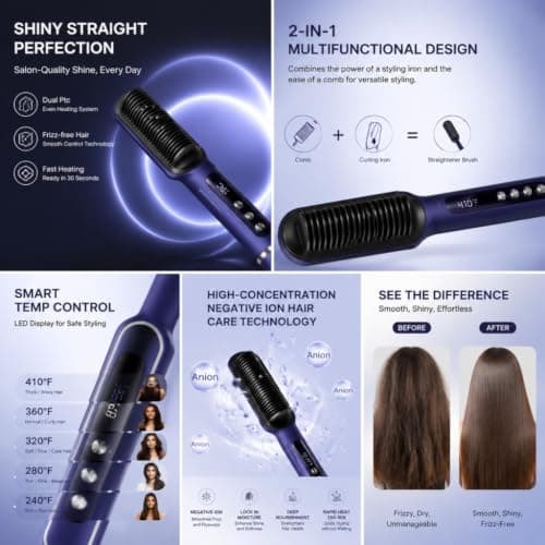 Handor Ionic Hair Straightener Brush, Anti-Scald Hot Brush with 9 Heat Settings 250-410F LED Display, Dual Voltage Hair Straightening Brush for Curly Thick Hair, Travel Kit view 3
