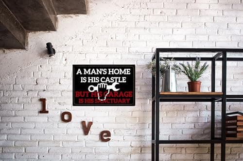 Carastora Men's Vintage Garage Decor, Funny Metal Tin Sign, Quote "A man's home is his castle, his garage his sanctuary", Rustic Style Den Home Bar Accessory, 12x8 Inch view 4