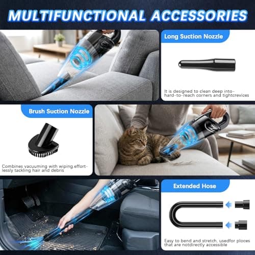 KIETRIX Handheld Vacuum Cordless, 15000Pa Powerful Car Vacuum Cleaner - 7800mAh Rechargeable Portable Mini Vacuum with 70000RPM Motor, 5 Nozzles, Low Noise, Washable Filter, for Car, Home, Office, Pet view 2
