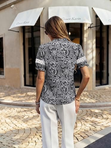 GRACE KARIN Women Boho Floral Tops, Summer Short Eyelet Sleeve Dressy Casual Shirts, Spring Button Down Blouse 2026 Trendy view 2