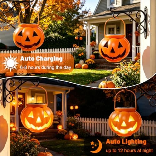 BRIGHTDECK Halloween Pumpkin Solar Lanterns 2 Pack, Jack O Lantern Pumpkin Lights for Halloween Decorations Outdoor, Weatherproof & Portable Fall Yard Decor (2Pack Warm White) view 3
