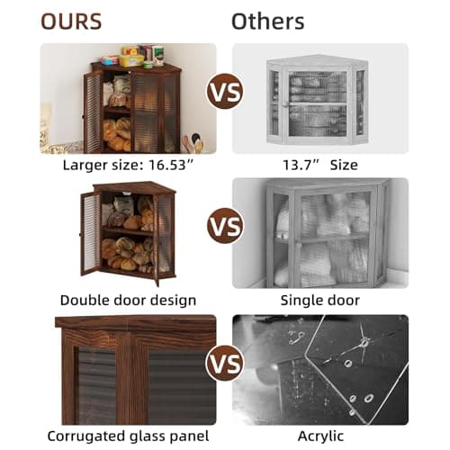 WouZglk Extra Large Corner Bread Box for Kitchen Countertop, 16.5 Inch Charred Pine 2-Tier Breadbox with Glass Wavy Door Panel, Vintage Farmhouse Style Wood Design (Pine Wood) view 6
