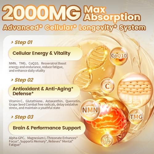 15-in-1 Liposomal NMN Supplement, 2000mg per* Serving*, 120 Day Supply, 99% Pure, NAD+ NMNH Alternative with Nicotinamide Mononucleotide, Resveratrol, TMG, CoQ10, Quercetin & Glutathione, 120 Capsules view 4