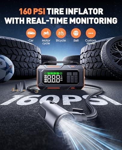 TREKURE 16-in-1 8000A Car Battery Jump Starter with Air Compressor 160PSI, Jump Starter Jump Box (All Gas 12L Diesel) with Portable Jumper Cables, Auto-Shutoff Tire Inflator, Gloves, Tow Rope view 5