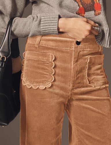 ACCPUR Women Corduroy Wide Leg Pants 2025 Fall Fashion Casual Button Down High Elastic Waist Trousers with Scalloped Pockets view 3